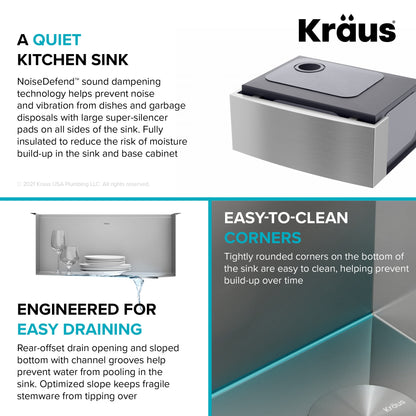 KRAUS Kore 24" Apron Front Workstation 16 Gauge Stainless Steel Single Bowl Kitchen Sink with Accessories