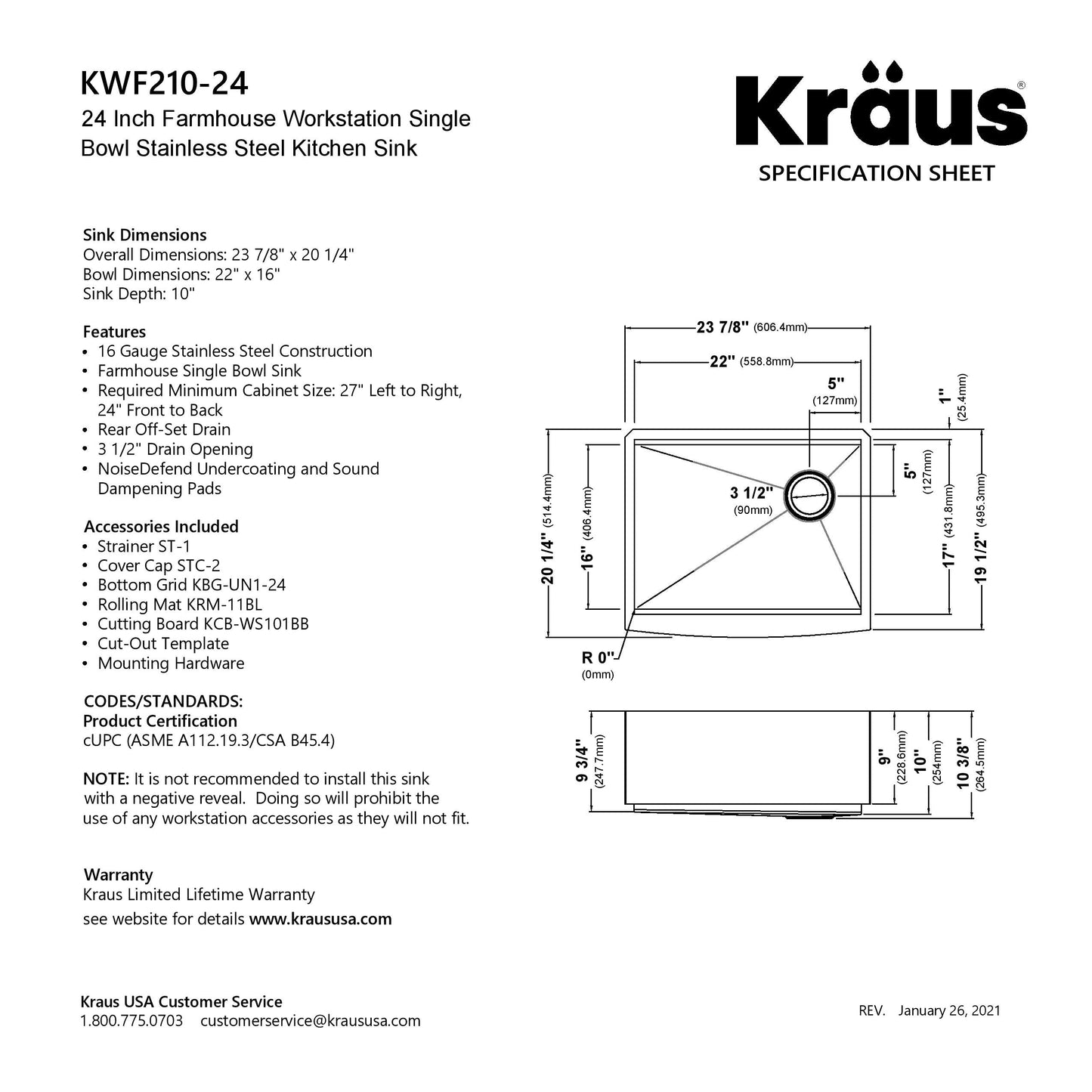 KRAUS Kore 24" Apron Front Workstation 16 Gauge Stainless Steel Single Bowl Kitchen Sink with Accessories