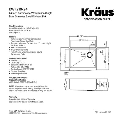 KRAUS Kore 24" Apron Front Workstation 16 Gauge Stainless Steel Single Bowl Kitchen Sink with Accessories