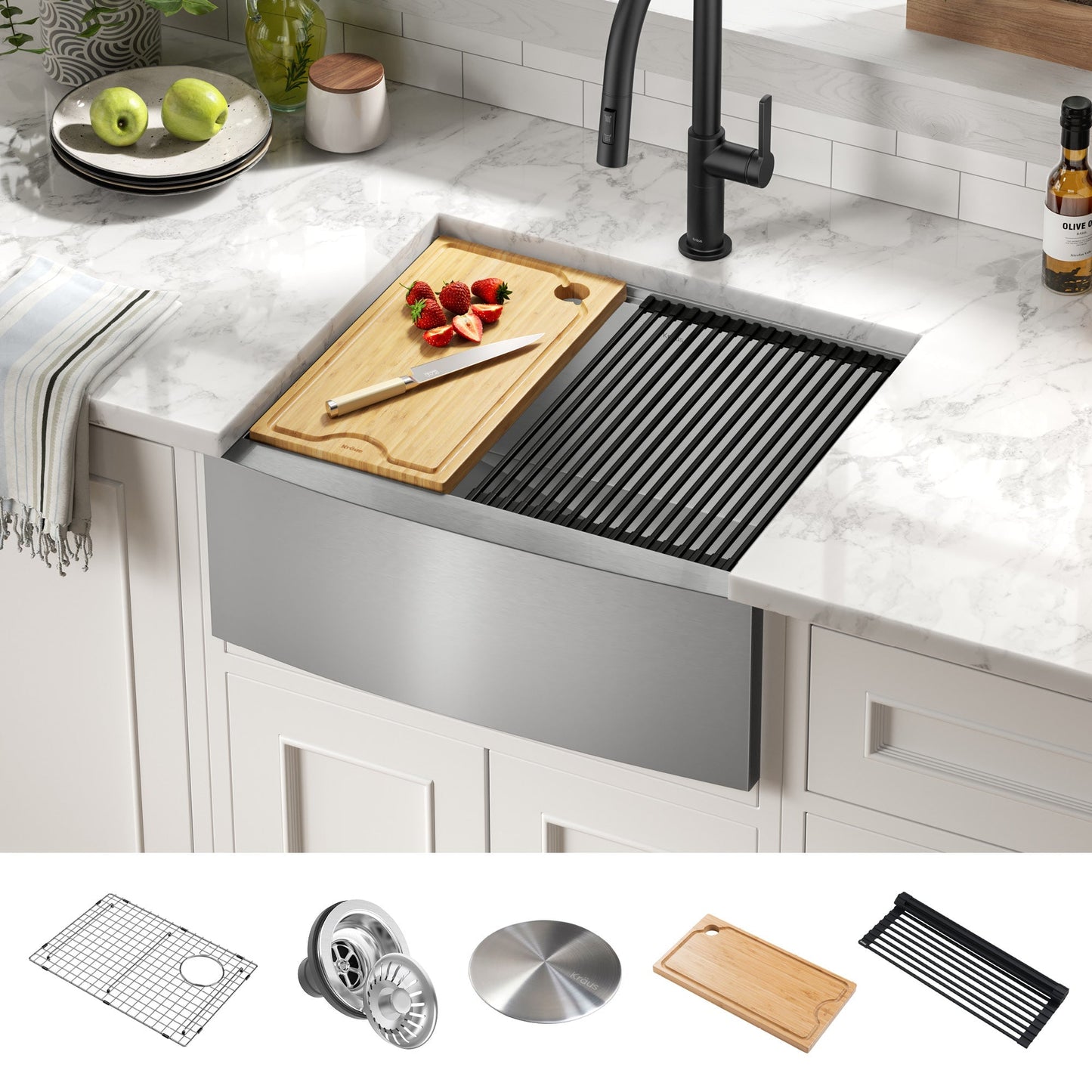 KRAUS Kore 24" Apron Front Workstation 16 Gauge Stainless Steel Single Bowl Kitchen Sink with Accessories