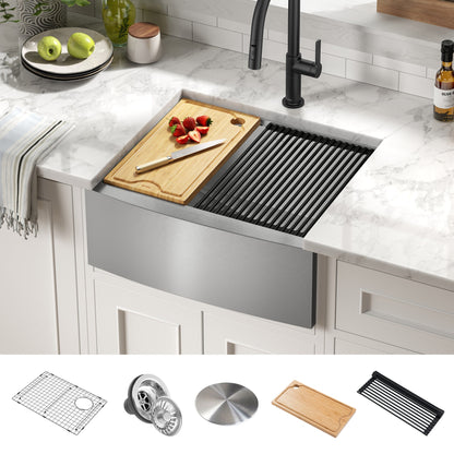 KRAUS Kore 24" Apron Front Workstation 16 Gauge Stainless Steel Single Bowl Kitchen Sink with Accessories