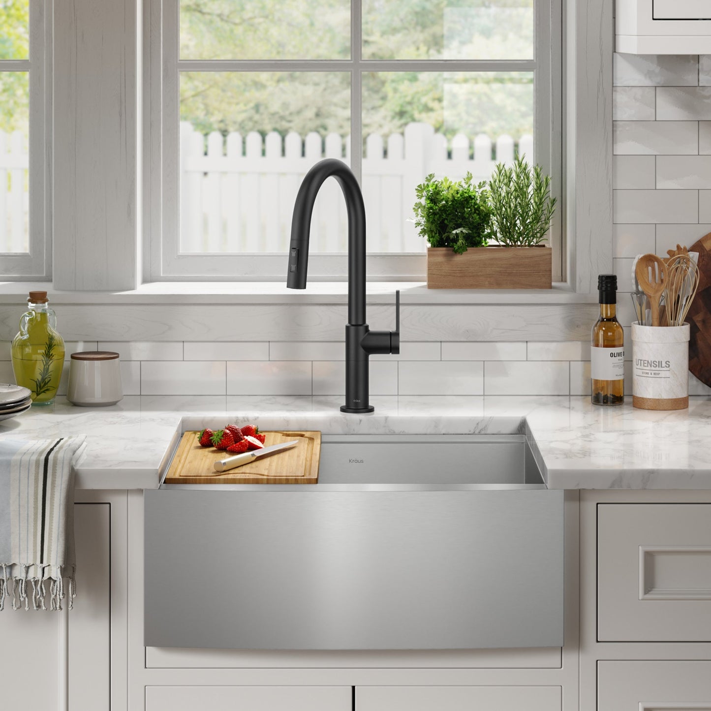 KRAUS Kore 24" Apron Front Workstation 16 Gauge Stainless Steel Single Bowl Kitchen Sink with Accessories