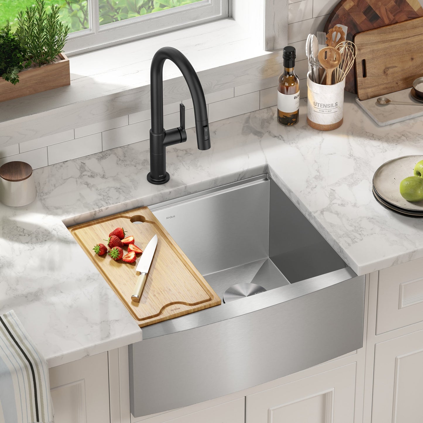 KRAUS Kore 24" Apron Front Workstation 16 Gauge Stainless Steel Single Bowl Kitchen Sink with Accessories