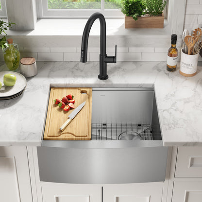 KRAUS Kore 24" Apron Front Workstation 16 Gauge Stainless Steel Single Bowl Kitchen Sink with Accessories