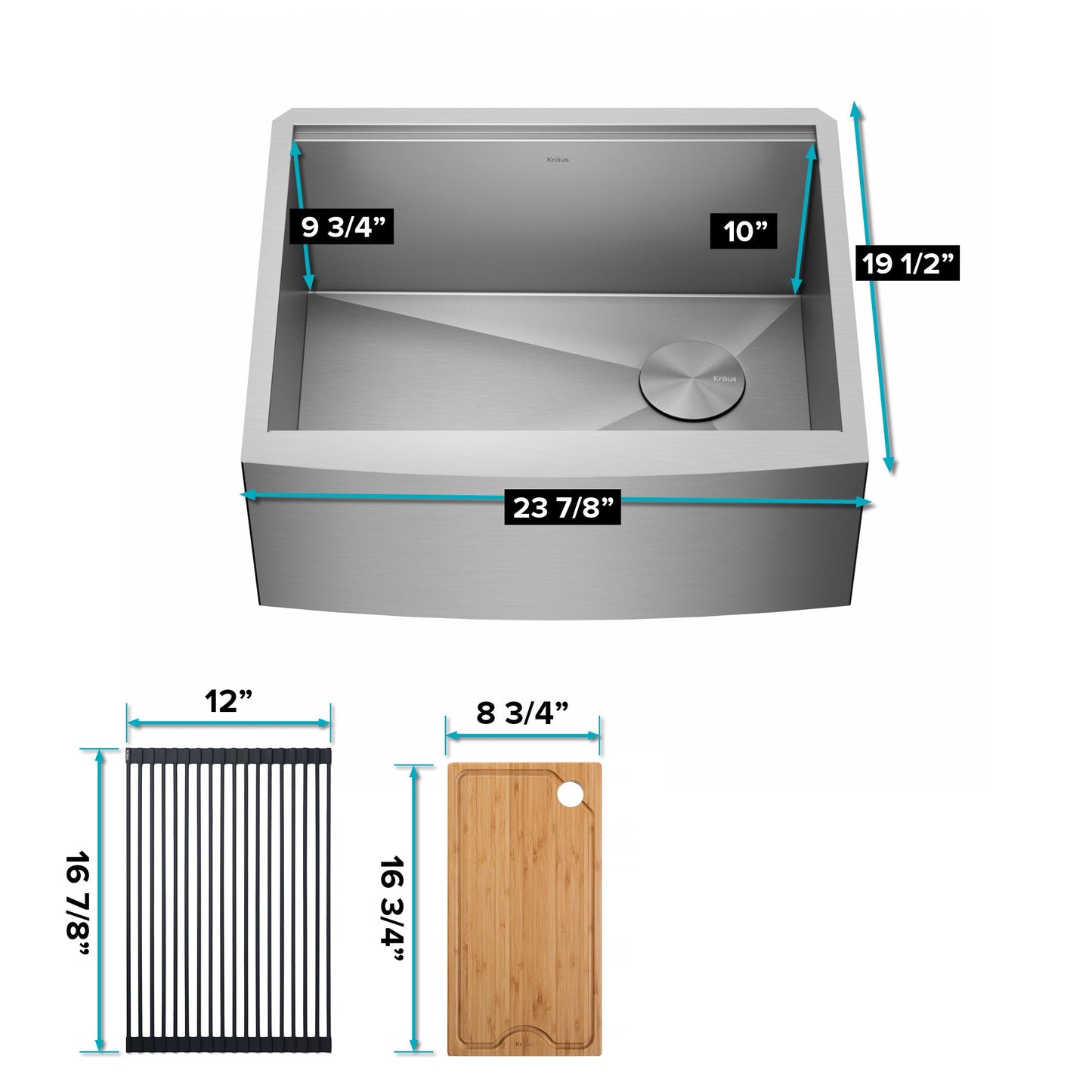 KRAUS Kore 24" Apron Front Workstation 16 Gauge Stainless Steel Single Bowl Kitchen Sink with Accessories