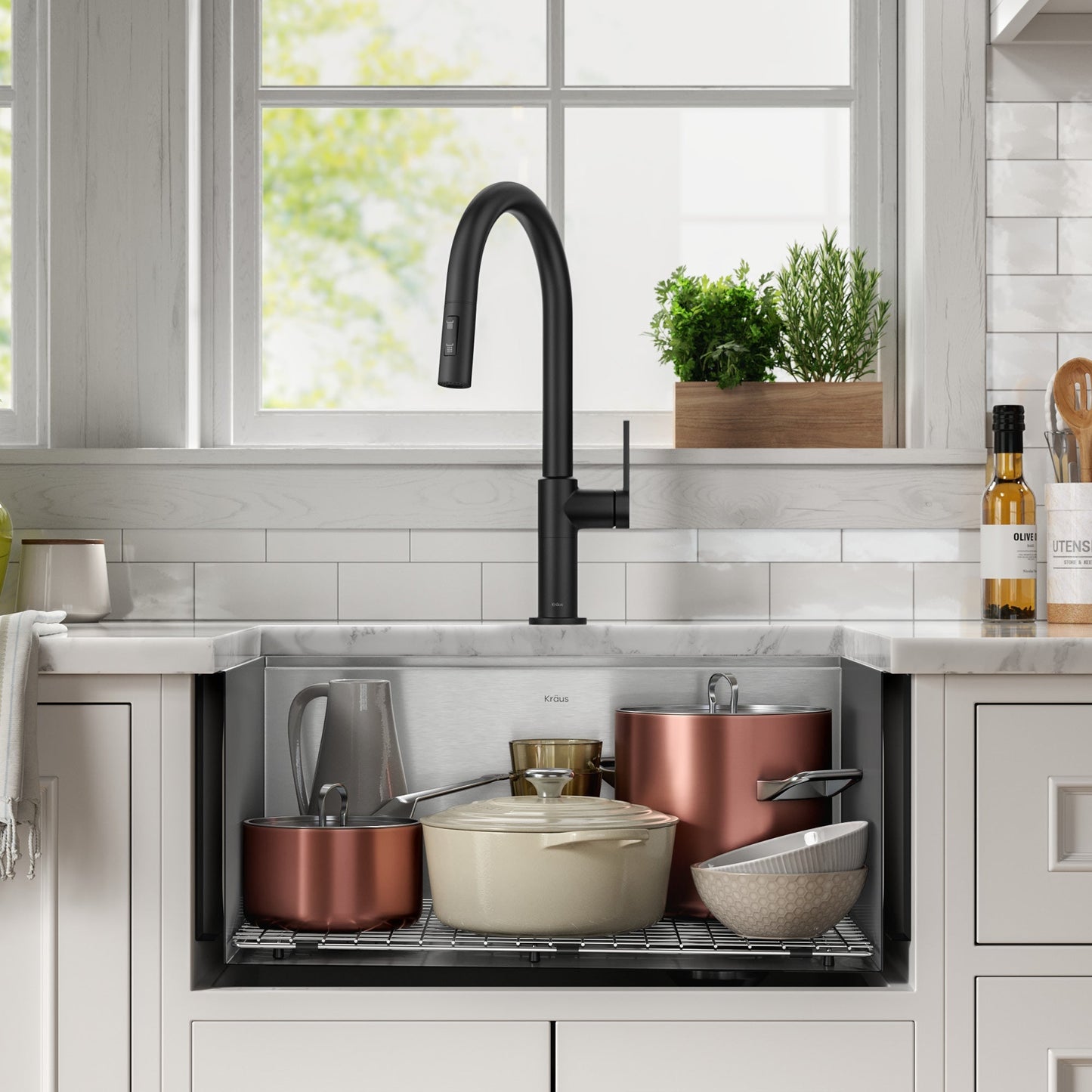 KRAUS Kore 24" Apron Front Workstation 16 Gauge Stainless Steel Single Bowl Kitchen Sink with Accessories