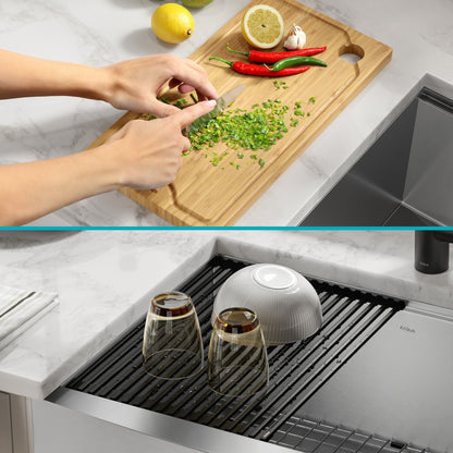 KRAUS Kore 24" Apron Front Workstation 16 Gauge Stainless Steel Single Bowl Kitchen Sink with Accessories
