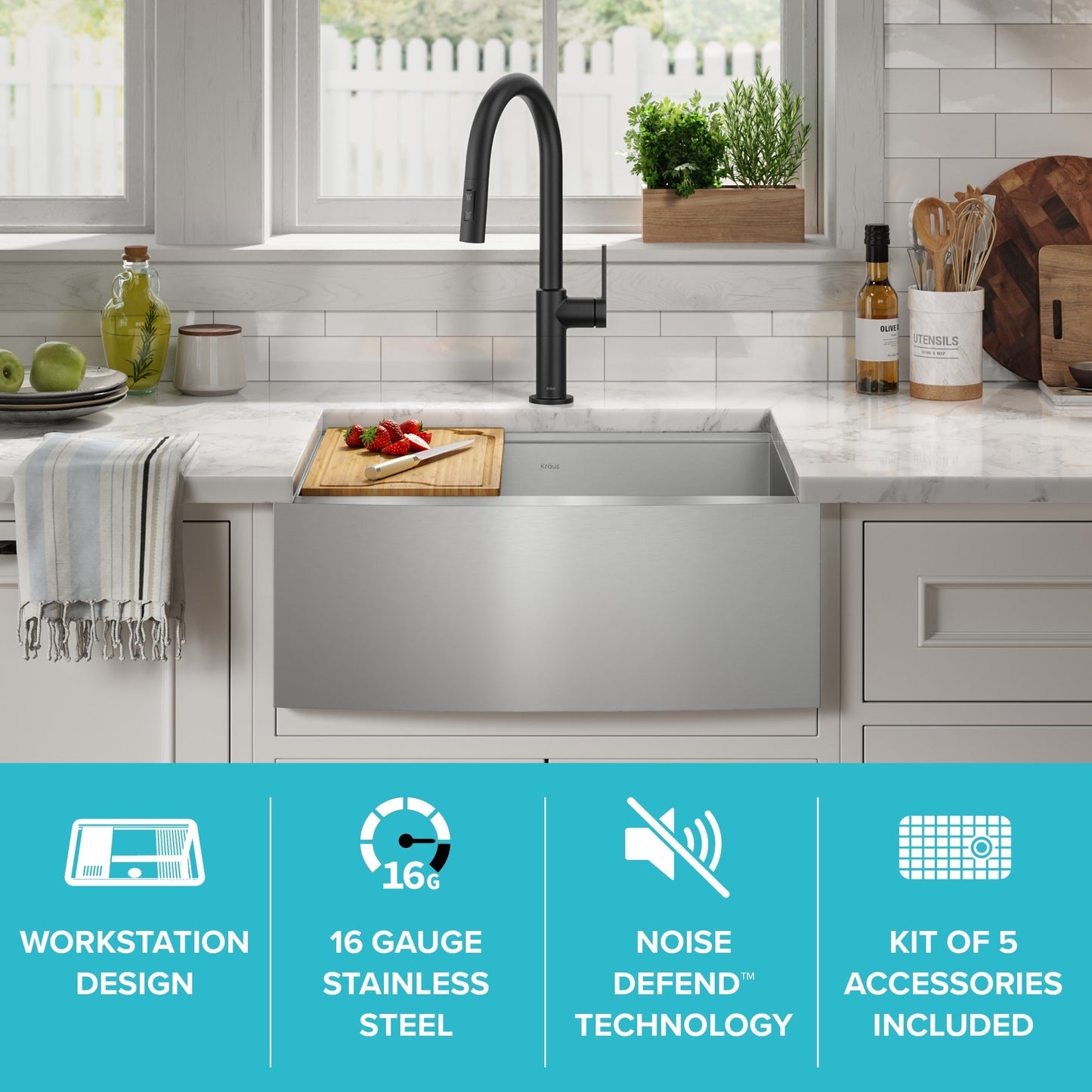KRAUS Kore 24" Apron Front Workstation 16 Gauge Stainless Steel Single Bowl Kitchen Sink with Accessories