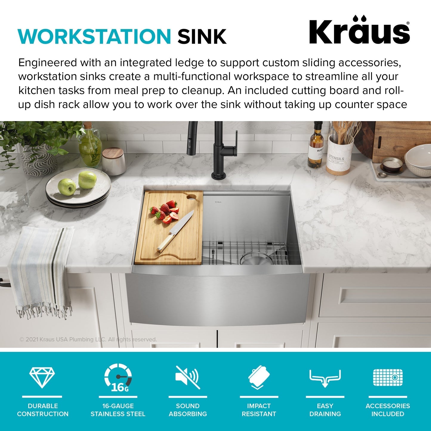 KRAUS Kore 24" Apron Front Workstation 16 Gauge Stainless Steel Single Bowl Kitchen Sink with Accessories