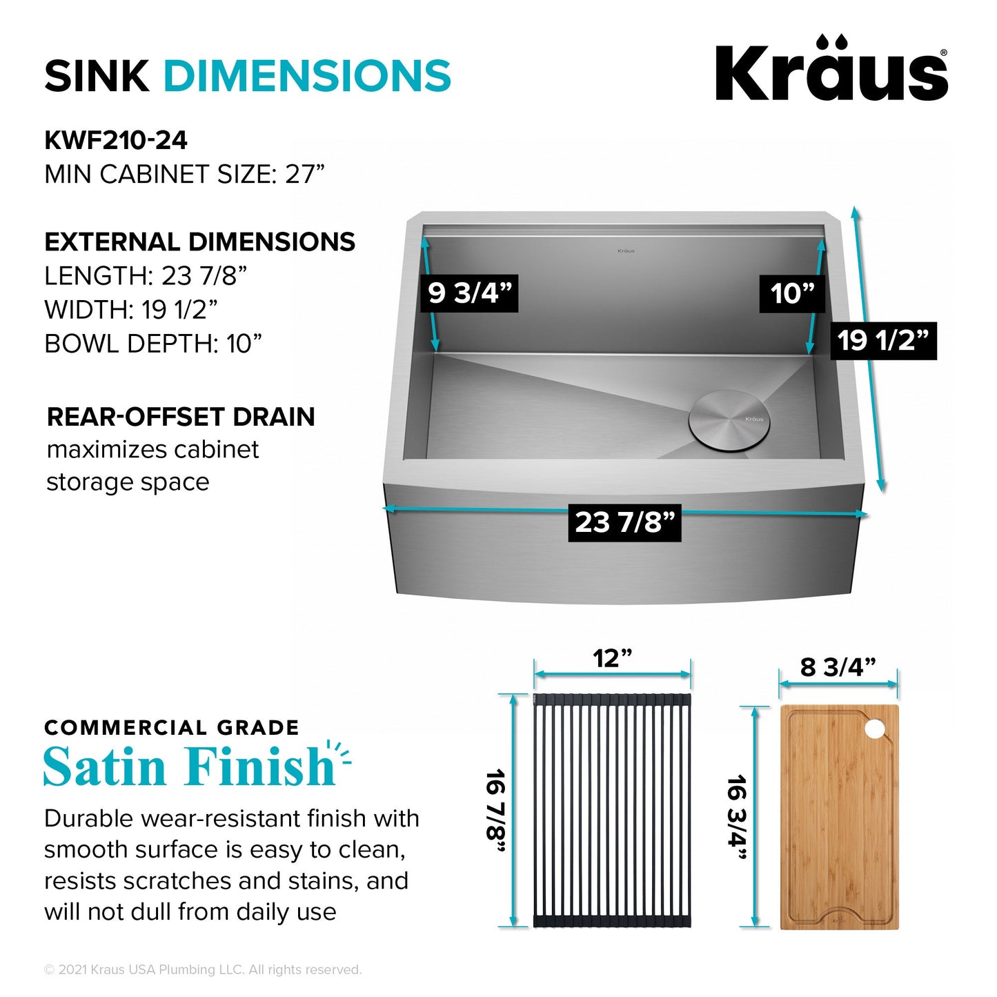 KRAUS Kore 24" Apron Front Workstation 16 Gauge Stainless Steel Single Bowl Kitchen Sink with Accessories