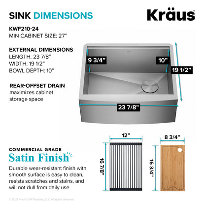 KRAUS Kore 24" Apron Front Workstation 16 Gauge Stainless Steel Single Bowl Kitchen Sink with Accessories