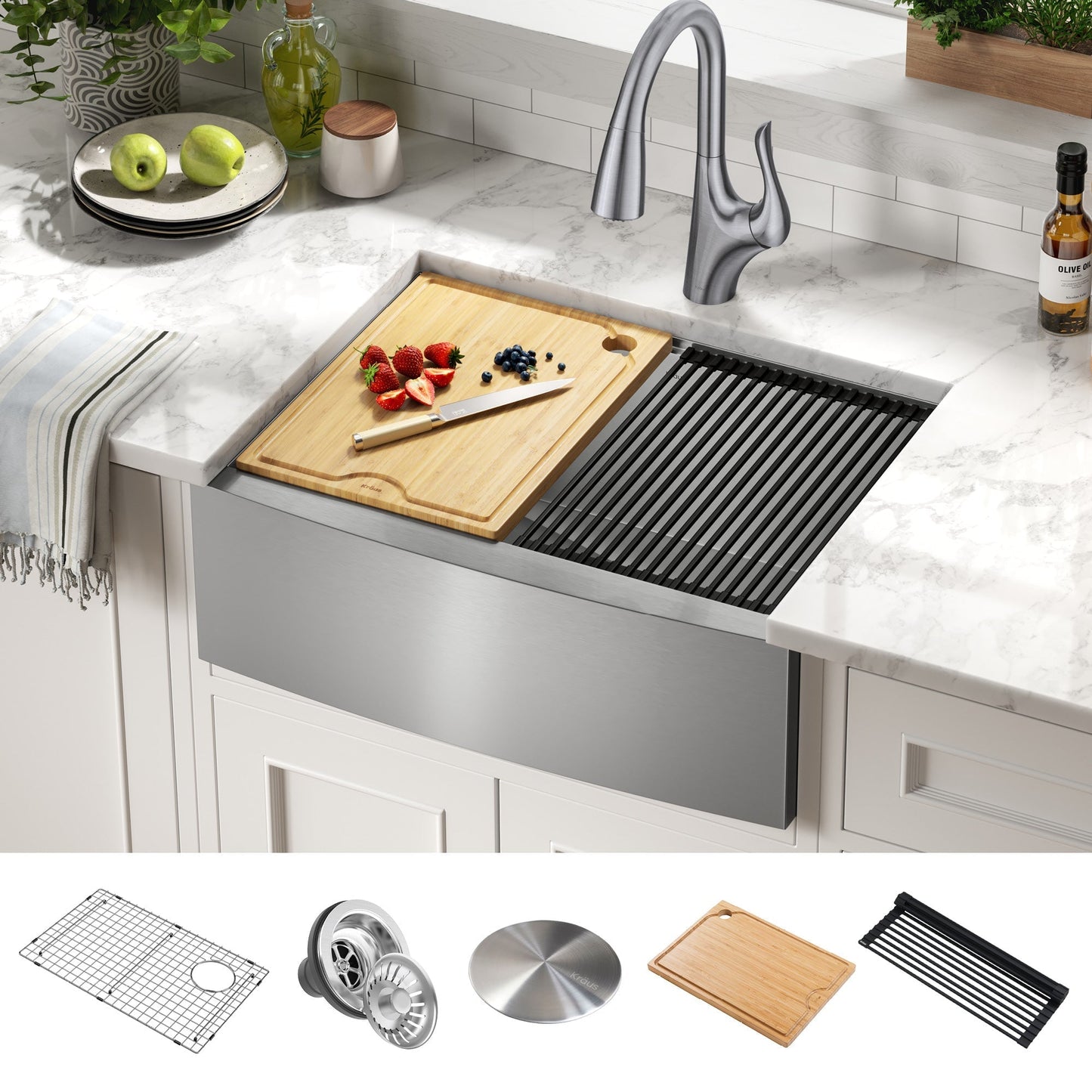 KRAUS Kore 27" Apron Front Workstation 16 Gauge Stainless Steel Kitchen Sink - nKWF210-27