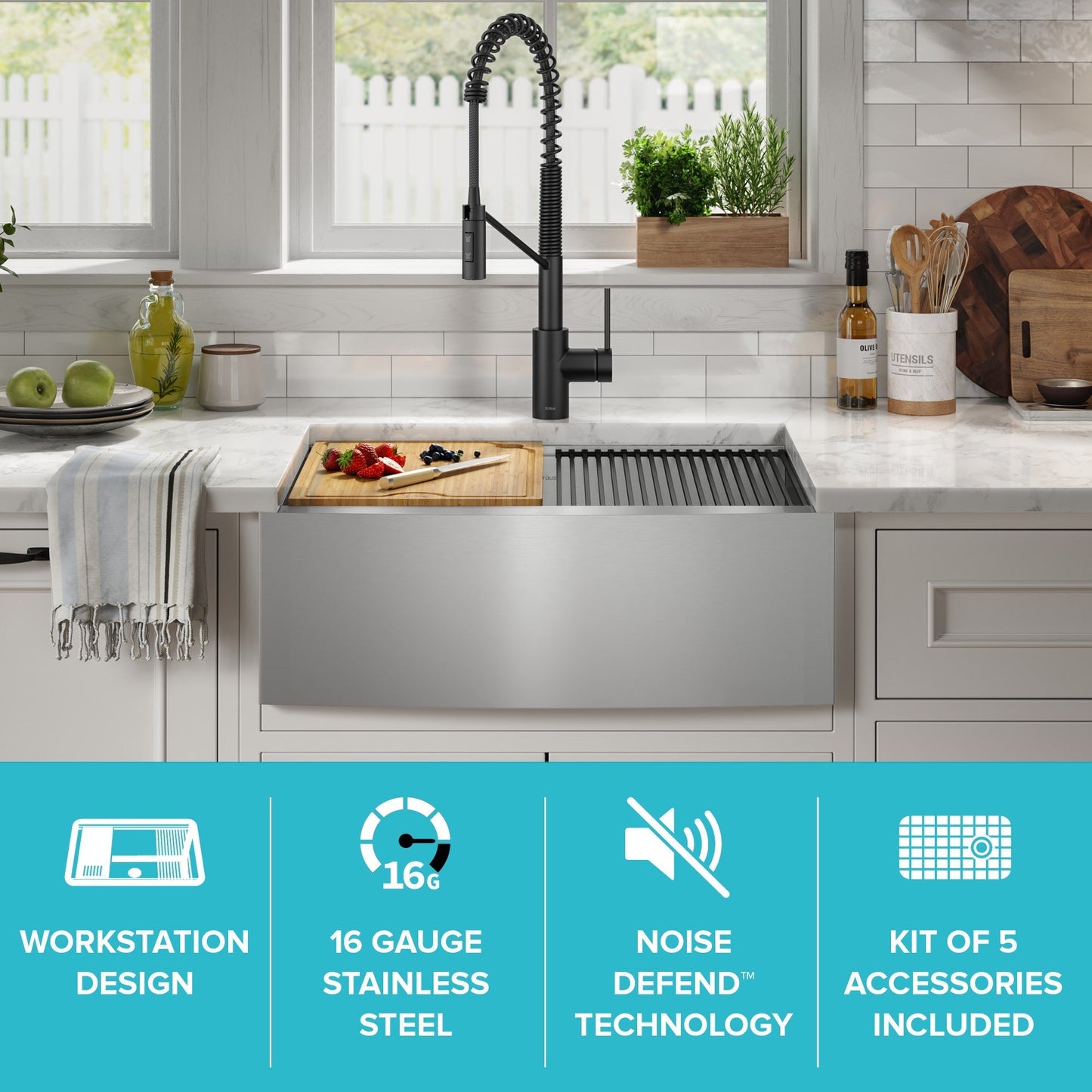 KRAUS Kore 27" Apron Front Workstation 16 Gauge Stainless Steel Kitchen Sink - nKWF210-27