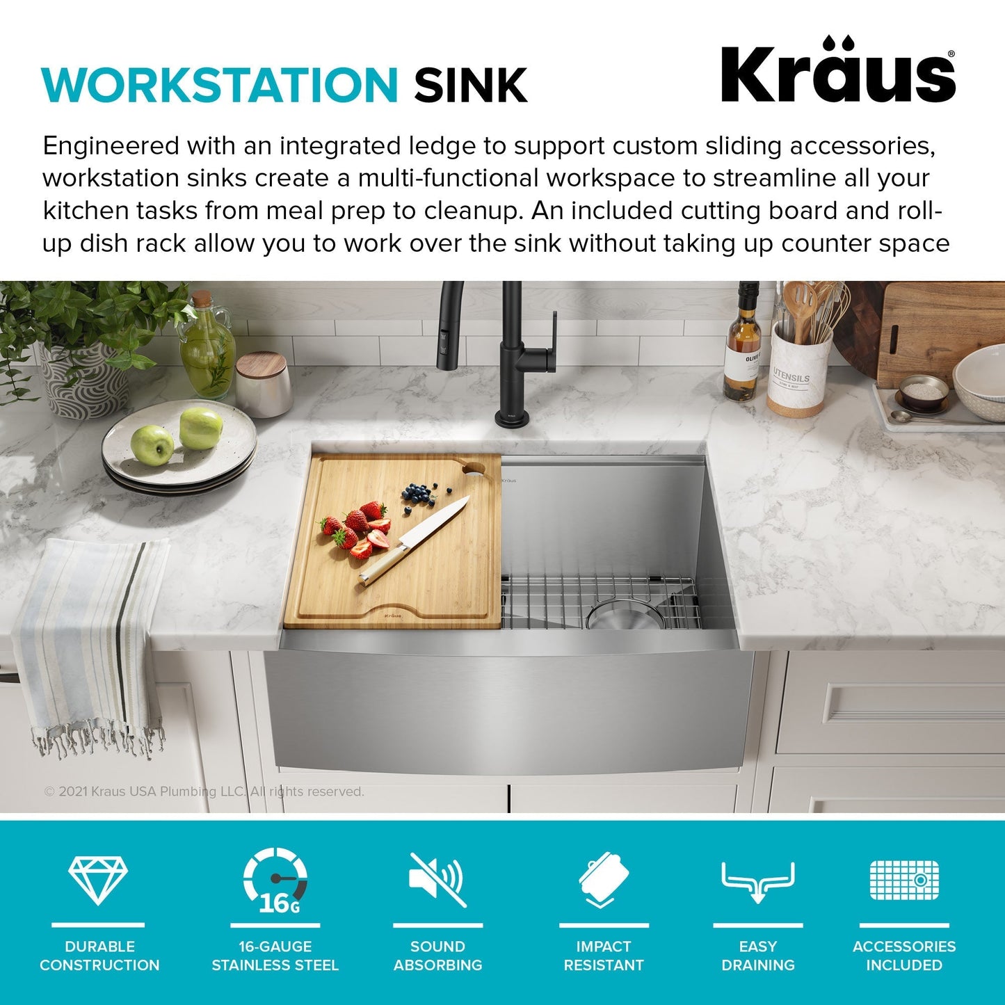 KRAUS Kore 27" Apron Front Workstation 16 Gauge Stainless Steel Kitchen Sink - nKWF210-27