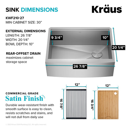 KRAUS Kore 27" Apron Front Workstation 16 Gauge Stainless Steel Kitchen Sink - nKWF210-27
