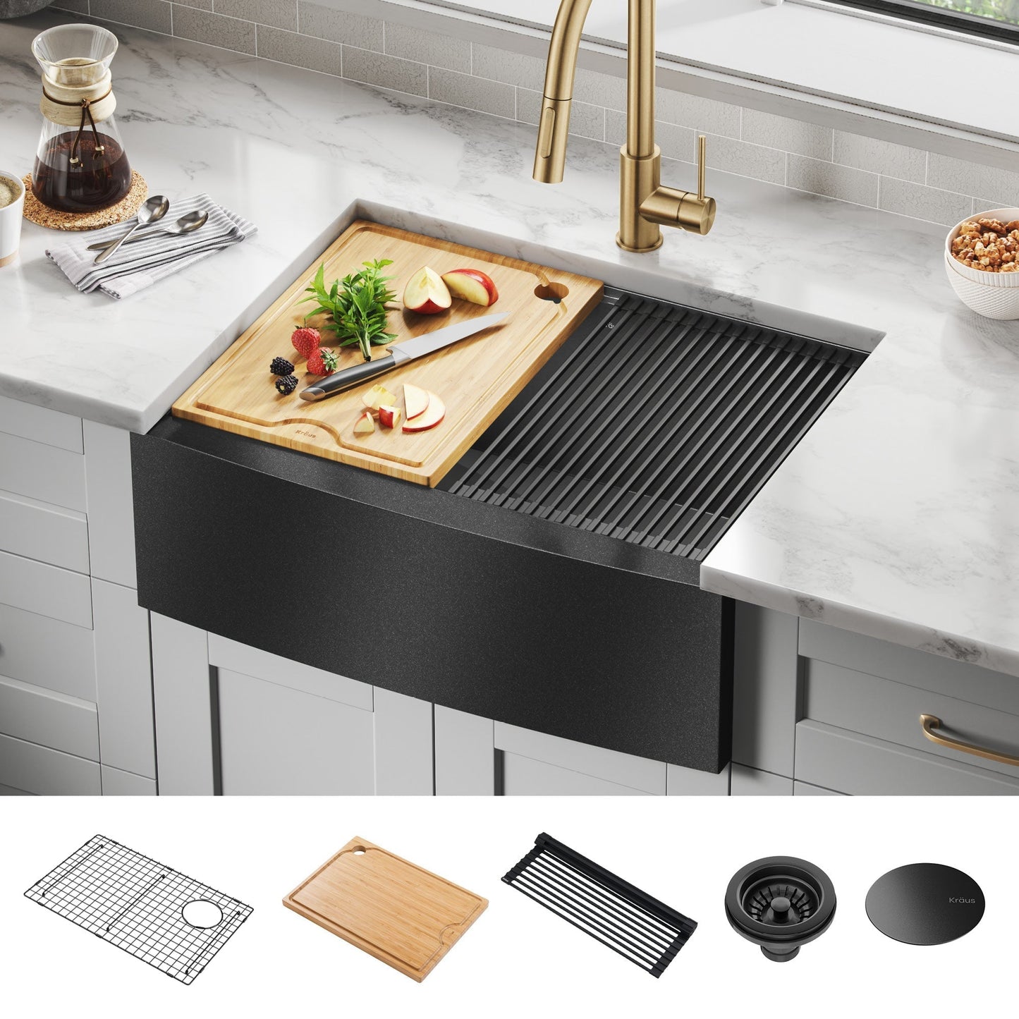 KRAUS Kore 27" Apron Front Workstation 16 Gauge Stainless Steel Kitchen Sink in PV - KWF210-27-PGM
