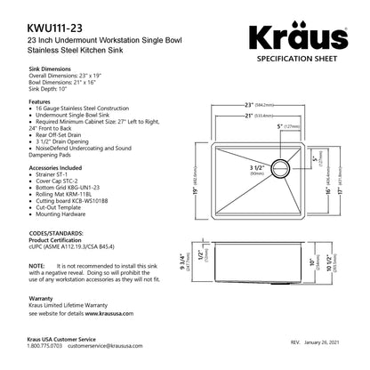 KRAUS Kore Workstation 23" Undermount 16 Gauge Single Bowl Stainless Steel Kitchen Sink with Accessories