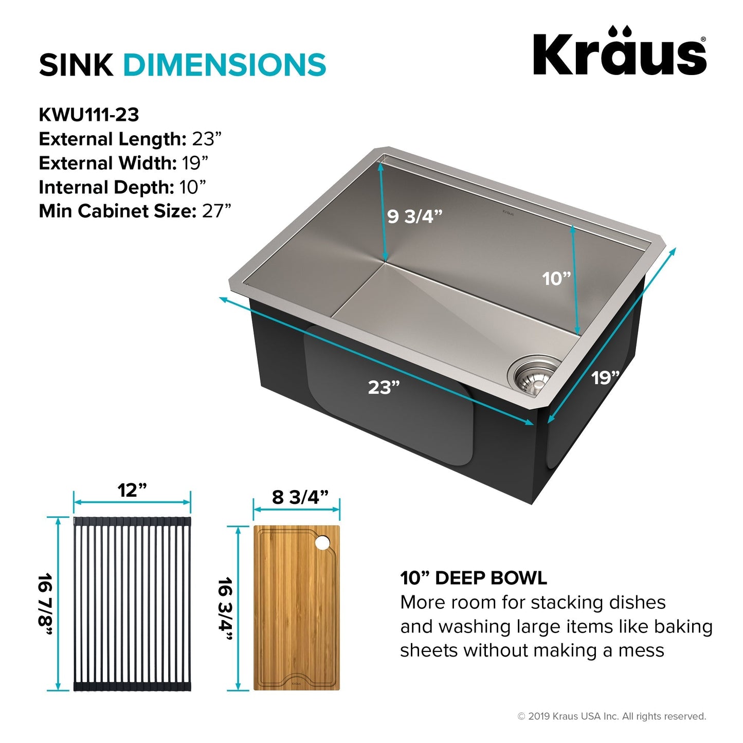 KRAUS Kore Workstation 23" Undermount 16 Gauge Single Bowl Stainless Steel Kitchen Sink with Accessories