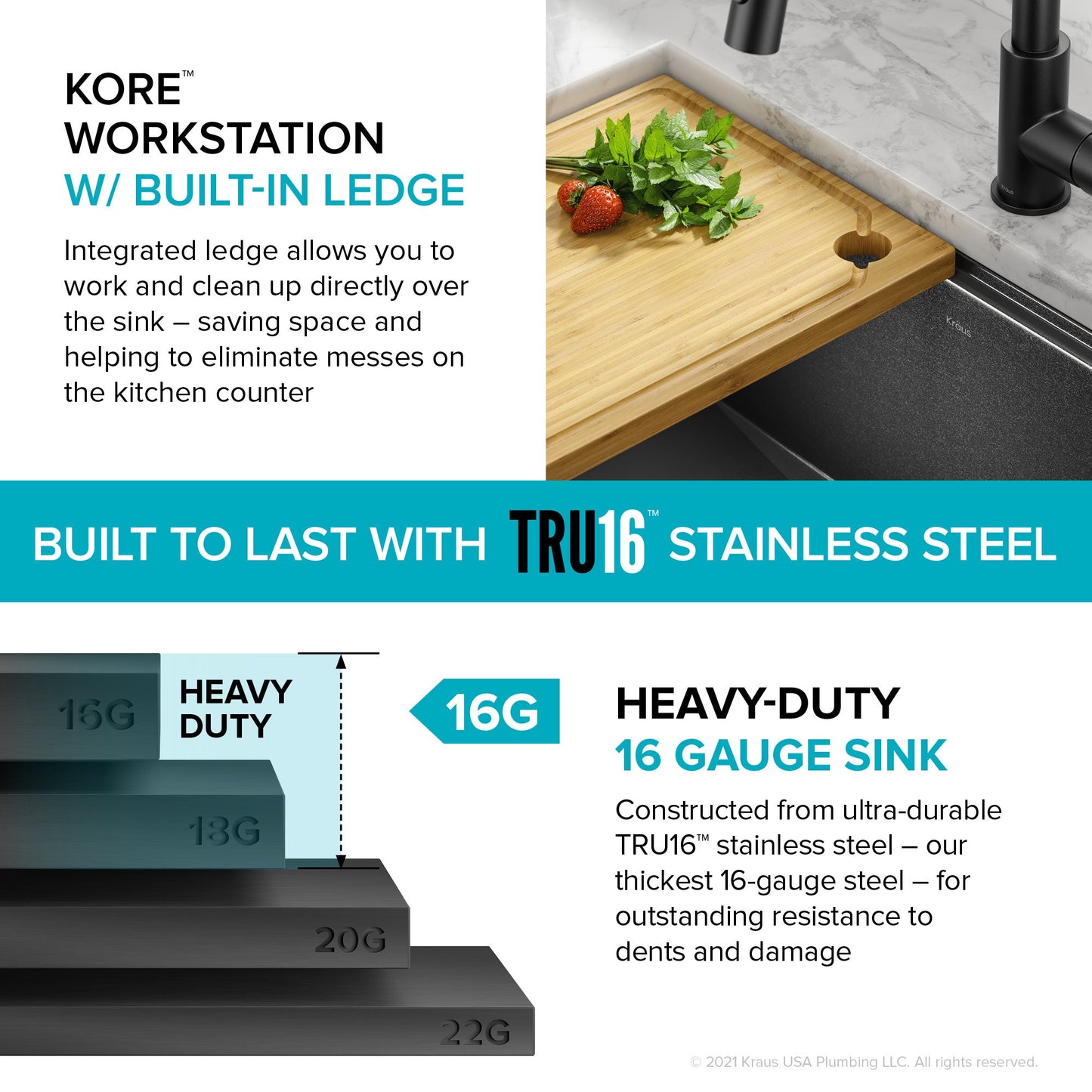 KRAUS Kore Workstation 23" Undermount Kitchen Sink in 16 Gauge PVD Gunmetal - KWU1111-23-PGM
