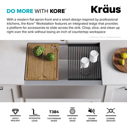 KRAUS Kore Workstation 30" Farmhouse Flat Apron Front 16 Gauge Single Bowl Stainless Steel Kitchen Sink - KWF410-30