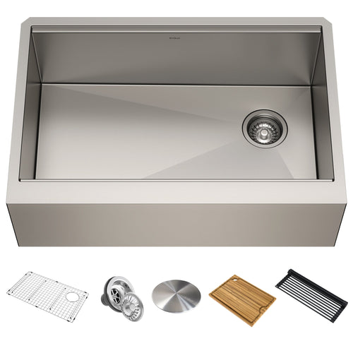 KRAUS Kore Workstation 30" Farmhouse Flat Apron Front 16 Gauge Single Bowl Stainless Steel Kitchen Sink - KWF410-30