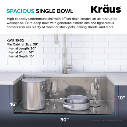 KRAUS Kore Workstation 32" Undermount 16 Gauge Single Bowl Stainless Steel Kitchen Sink with Accessories - KWU110-32