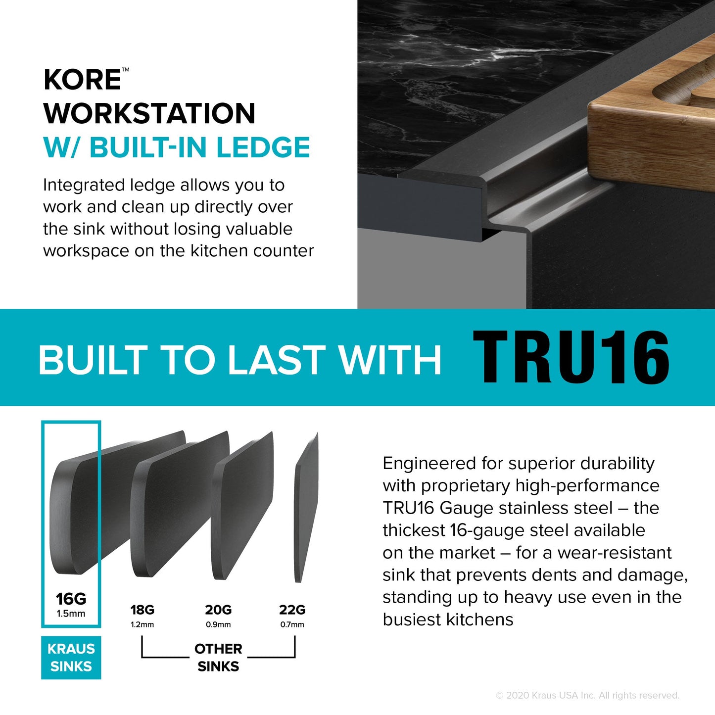 KRAUS Kore Workstation 33" Drop-In 16 Gauge Single Bowl Kitchen Sink in PVD Gunmetal