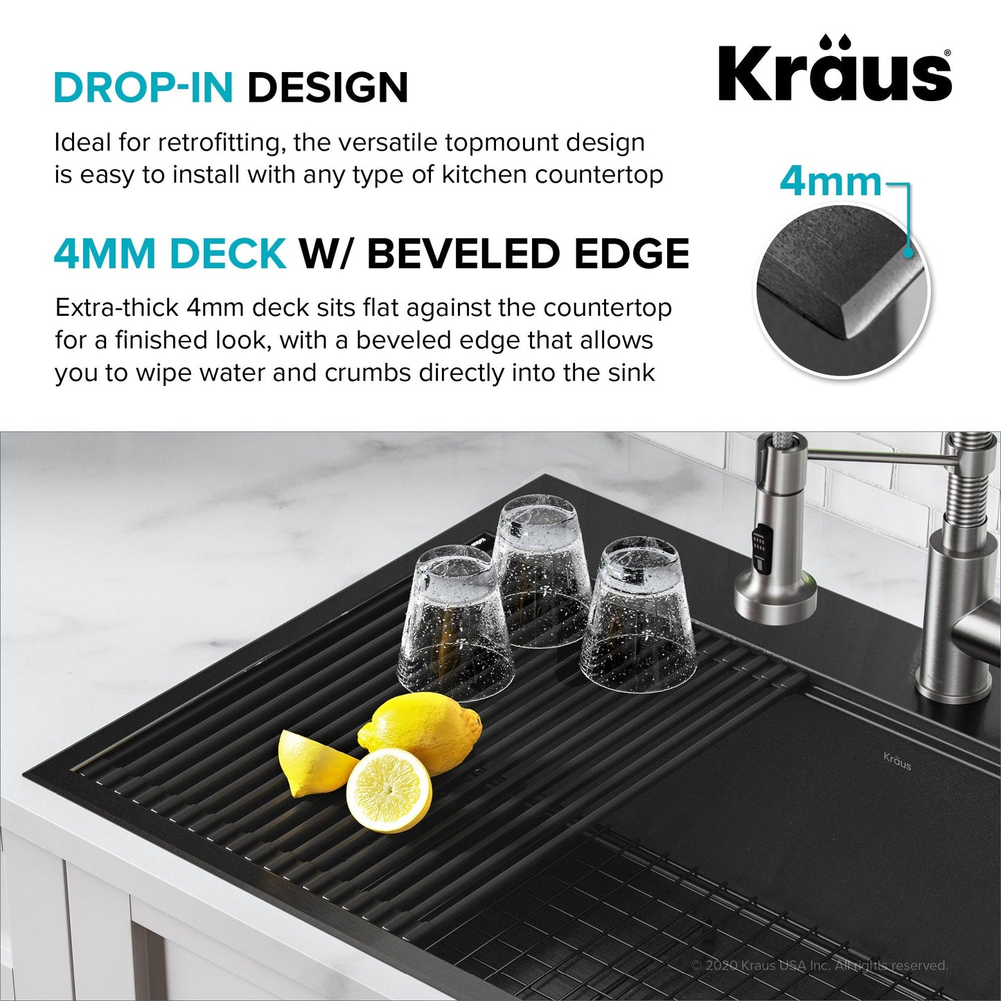 KRAUS Kore Workstation 33" Drop-In 16 Gauge Single Bowl Kitchen Sink in PVD Gunmetal
