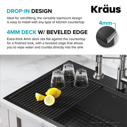 KRAUS Kore Workstation 33" Drop-In 16 Gauge Single Bowl Kitchen Sink in PVD Gunmetal