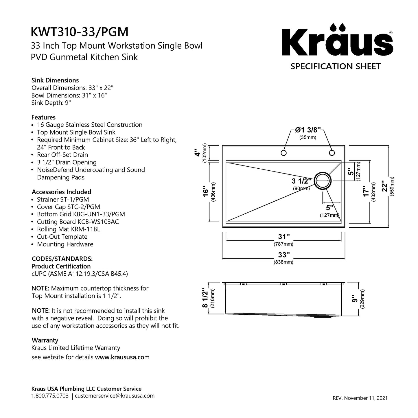 KRAUS Kore Workstation 33" Drop-In 16 Gauge Single Bowl Kitchen Sink in PVD Gunmetal