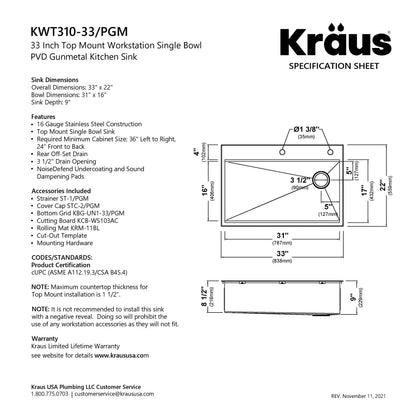KRAUS Kore Workstation 33" Drop-In 16 Gauge Single Bowl Kitchen Sink in PVD Gunmetal