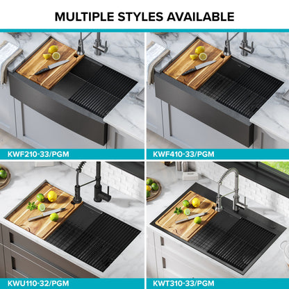 KRAUS Kore Workstation 33" Drop-In 16 Gauge Single Bowl Kitchen Sink in PVD Gunmetal