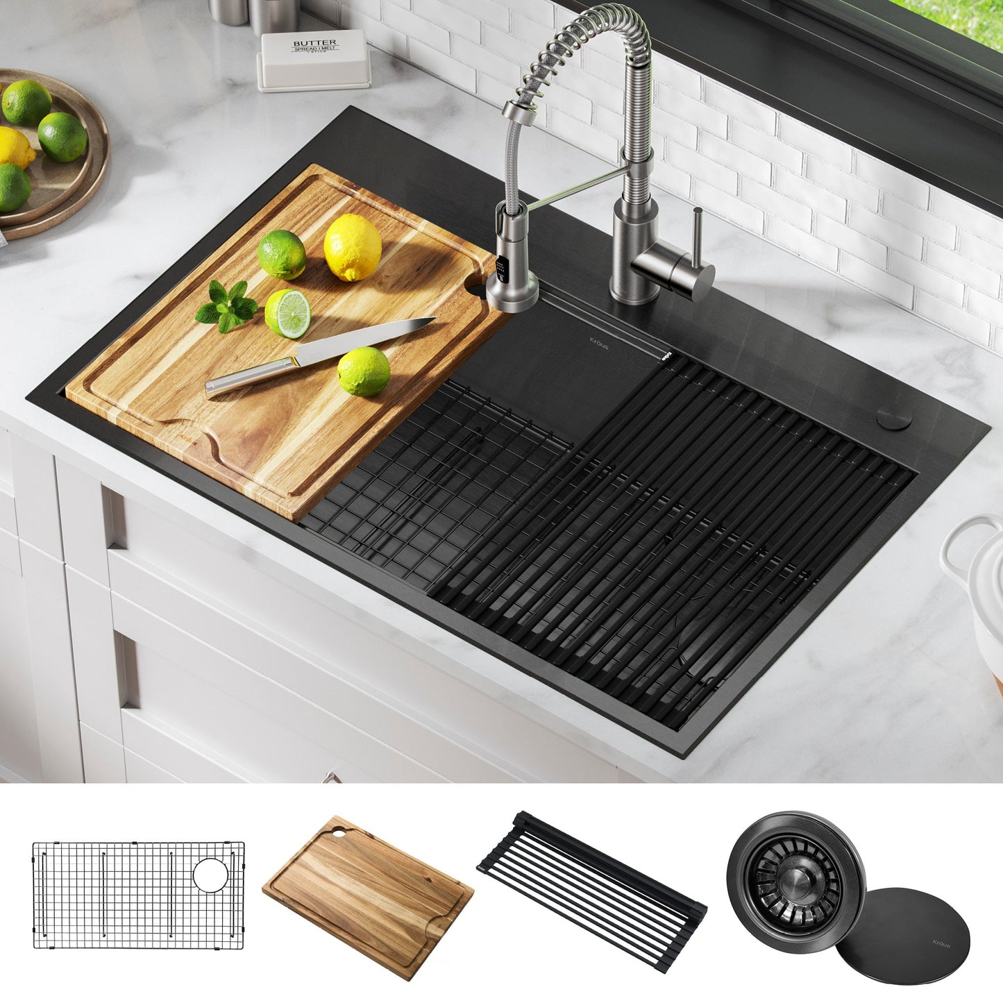 KRAUS Kore Workstation 33" Drop-In 16 Gauge Single Bowl Kitchen Sink in PVD Gunmetal