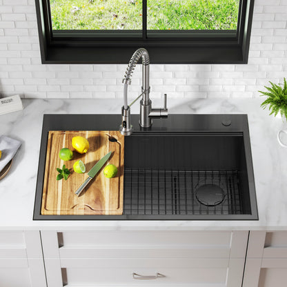 KRAUS Kore Workstation 33" Drop-In 16 Gauge Single Bowl Kitchen Sink in PVD Gunmetal