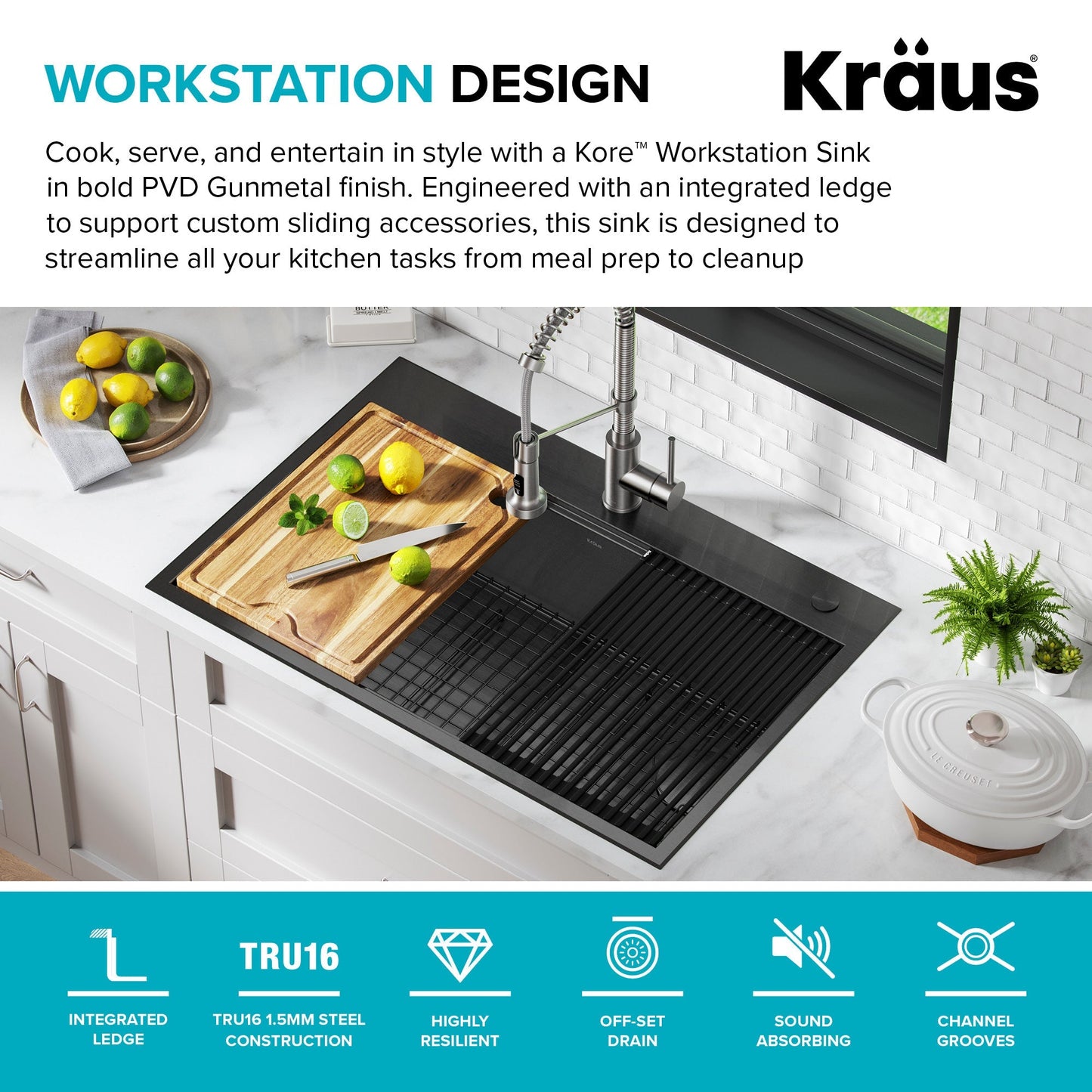 KRAUS Kore Workstation 33" Drop-In 16 Gauge Single Bowl Kitchen Sink in PVD Gunmetal