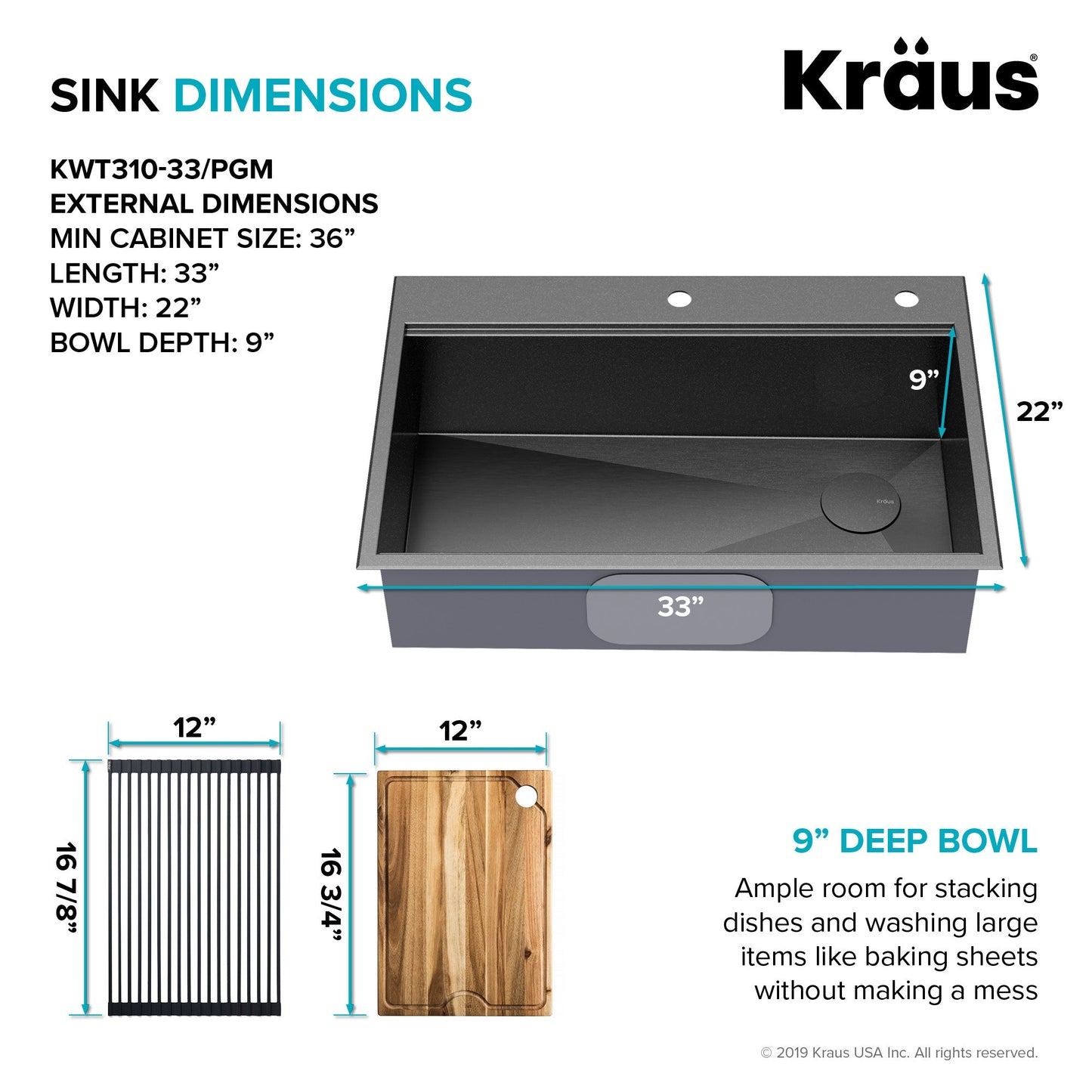 KRAUS Kore Workstation 33" Drop-In 16 Gauge Single Bowl Kitchen Sink in PVD Gunmetal