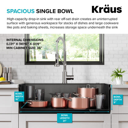KRAUS Kore Workstation 33" Drop-In 16 Gauge Single Bowl Kitchen Sink in PVD Gunmetal