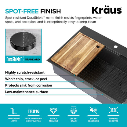 KRAUS Kore Workstation 33" Drop-In 16 Gauge Single Bowl Kitchen Sink in PVD Gunmetal