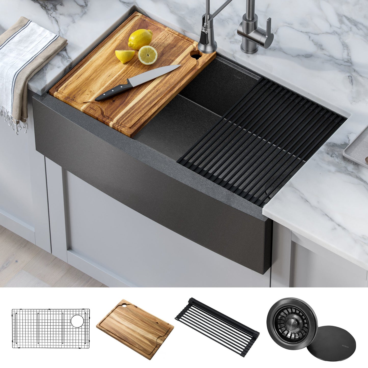 KRAUS Kore Workstation 33" Farmhouse Apron Front 16 Gauge Single Bowl Kitchen Sink in PVD Gunmetal - KWF210-33/PGM
