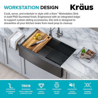 KRAUS Kore Workstation 33" Farmhouse Apron Front 16 Gauge Single Bowl Kitchen Sink in PVD Gunmetal - KWF210-33/PGM