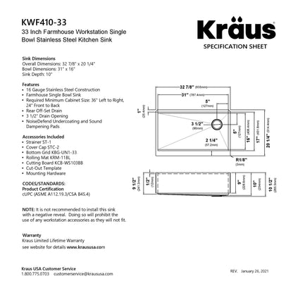 KRAUS Kore Workstation 33" Farmhouse Flat Apron Front 16 Gauge Single Bowl Stainless Steel Kitchen Sink with Accessories - KWF410-33