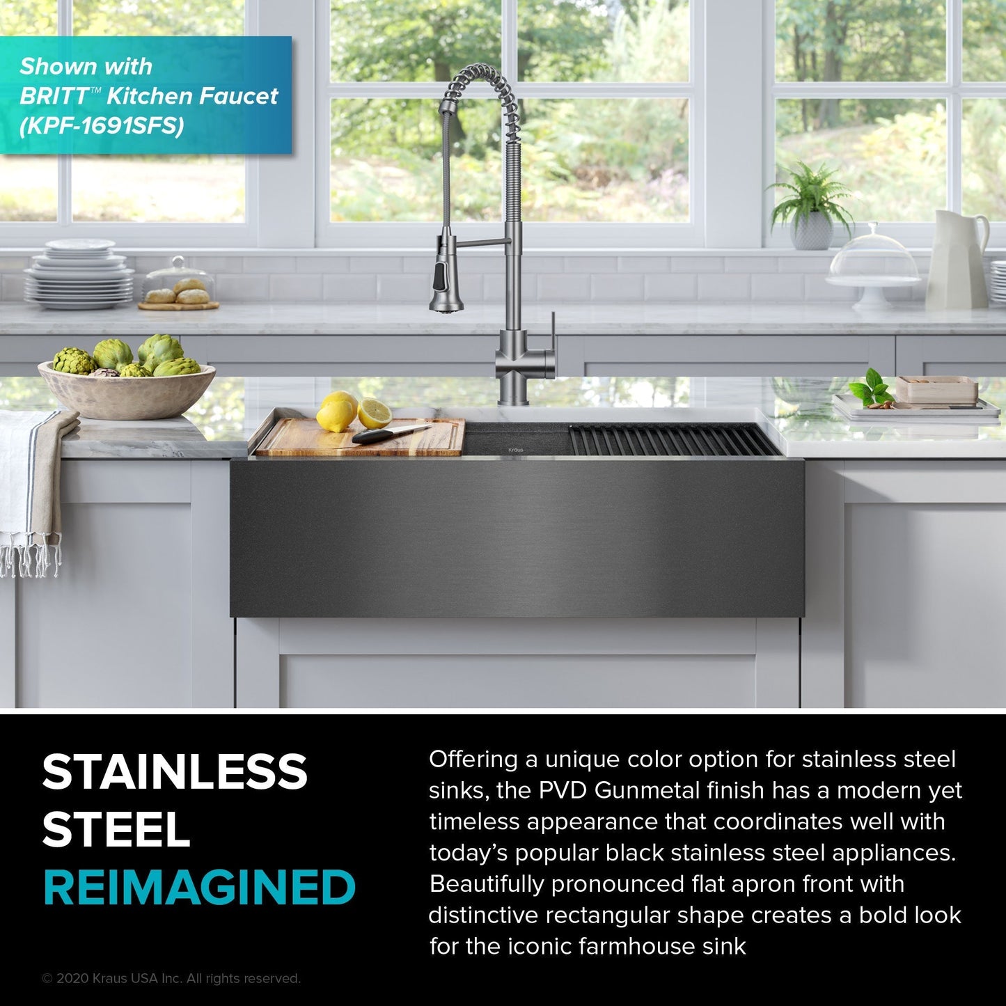 KRAUS Kore Workstation 33" Farmhouse Modern Flat Apron Front 16 Gauge Single Bowl Kitchen Sink in PVD Gunmetal - KWF410-33/PGM
