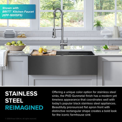 KRAUS Kore Workstation 33" Farmhouse Modern Flat Apron Front 16 Gauge Single Bowl Kitchen Sink in PVD Gunmetal - KWF410-33/PGM