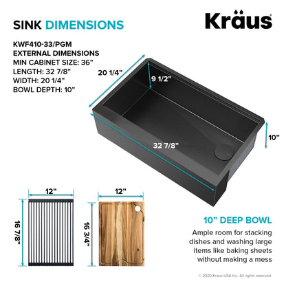 KRAUS Kore Workstation 33" Farmhouse Modern Flat Apron Front 16 Gauge Single Bowl Kitchen Sink in PVD Gunmetal - KWF410-33/PGM