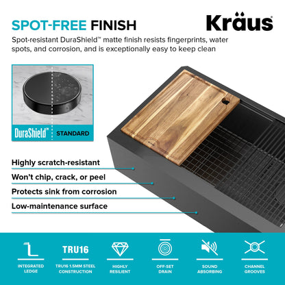 KRAUS Kore Workstation 33" Farmhouse Modern Flat Apron Front 16 Gauge Single Bowl Kitchen Sink in PVD Gunmetal - KWF410-33/PGM