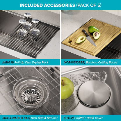 KRAUS Kore Workstation 36" Farmhouse Flat Apron Front 16 Gauge Single Bowl Stainless Steel Kitchen Sink with Accessories - KWF410-36