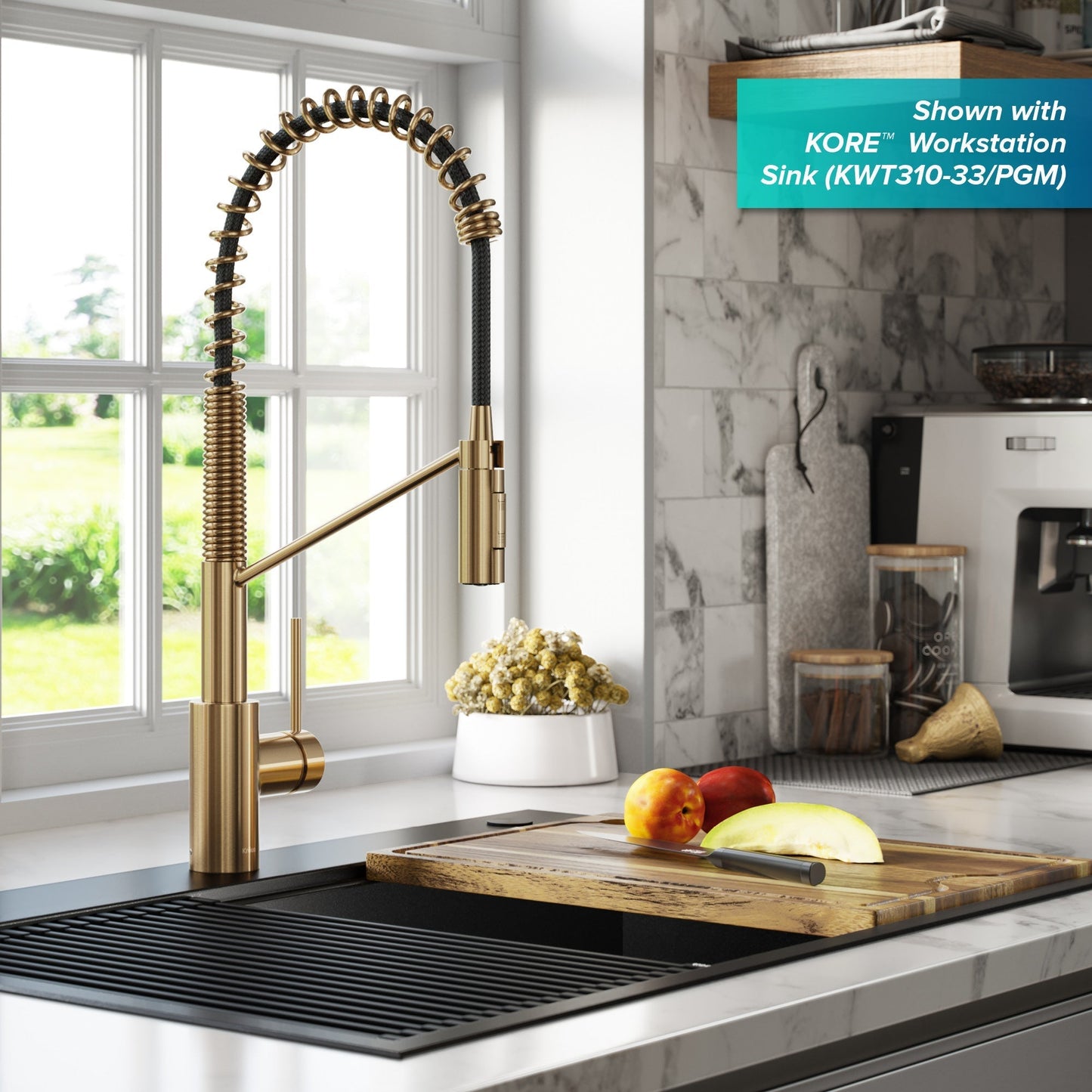 KRAUS Oletto Commercial Style Pull-Down Single Handle Kitchen Faucet in Brushed Brass - KPF-2631BB