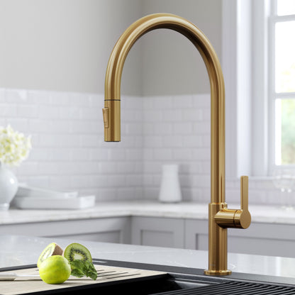 KRAUS Oletto High-Arc Single Handle Pull-Down Kitchen Faucet in Brushed Brass - KPF-2821BB