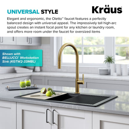 KRAUS Oletto High-Arc Single Handle Pull-Down Kitchen Faucet in Brushed Brass - KPF-2821BB