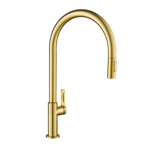 KRAUS Oletto High-Arc Single Handle Pull-Down Kitchen Faucet in Brushed Brass - KPF-2821BB